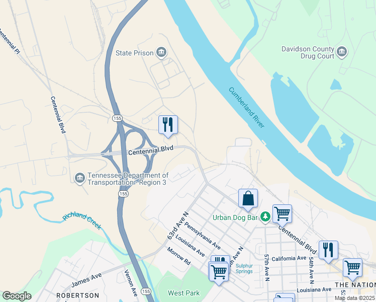 map of restaurants, bars, coffee shops, grocery stores, and more near 6351-6367 Centennial Blvd in Nashville
