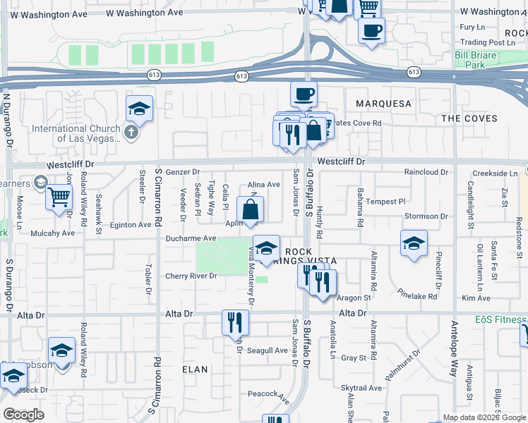 map of restaurants, bars, coffee shops, grocery stores, and more near 204 Bradshaw Way in Las Vegas