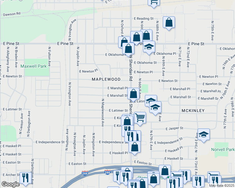 map of restaurants, bars, coffee shops, grocery stores, and more near 6245 East Marshall Street in Tulsa