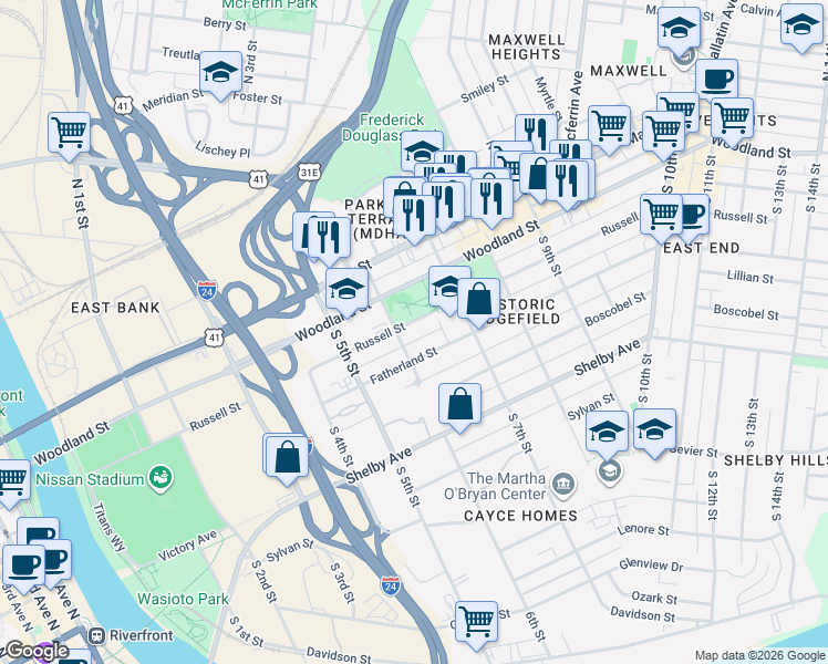 map of restaurants, bars, coffee shops, grocery stores, and more near 603 Fatherland Street in Nashville