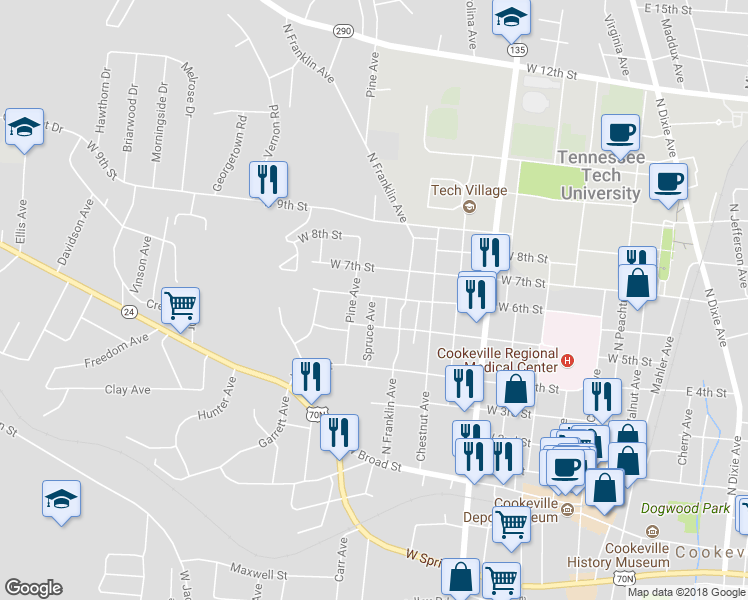 map of restaurants, bars, coffee shops, grocery stores, and more near 470 West 6th Street in Cookeville