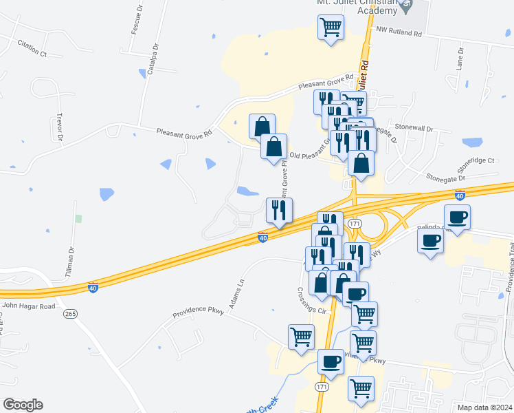 map of restaurants, bars, coffee shops, grocery stores, and more near 401 Old Pleasant Grove Road in Mt. Juliet