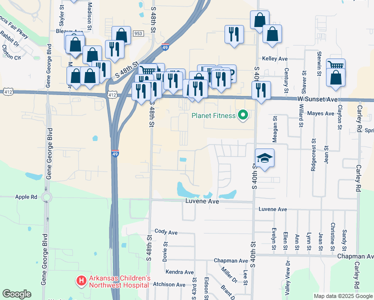 map of restaurants, bars, coffee shops, grocery stores, and more near 4533 Greens Drive in Springdale