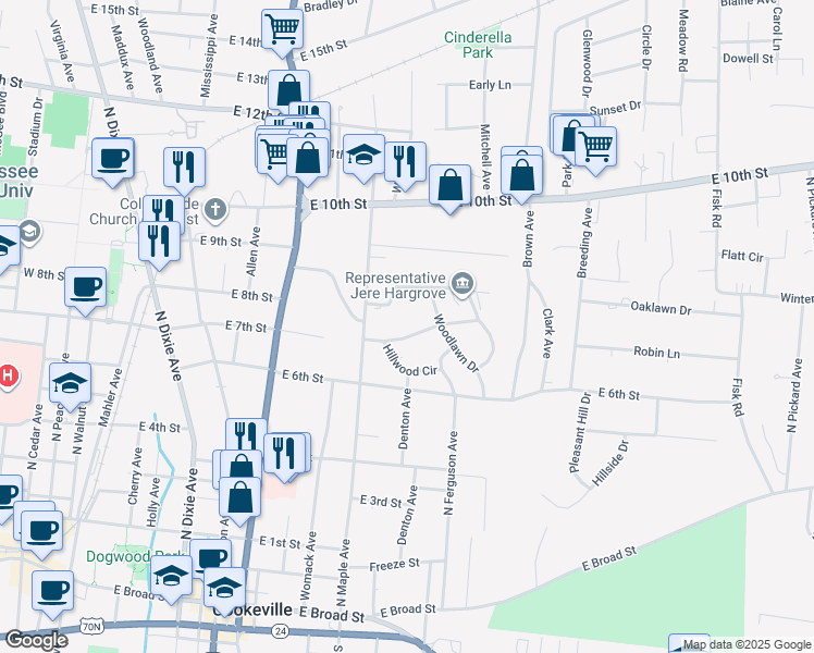 map of restaurants, bars, coffee shops, grocery stores, and more near 556 Terrace Hill Road in Cookeville