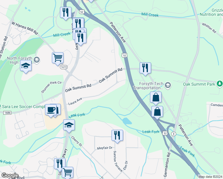 map of restaurants, bars, coffee shops, grocery stores, and more near 176 Laura Avenue in Winston-Salem