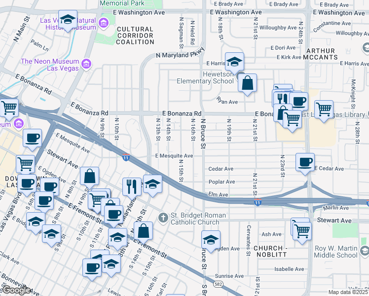 map of restaurants, bars, coffee shops, grocery stores, and more near 397 North 16th Street in Las Vegas