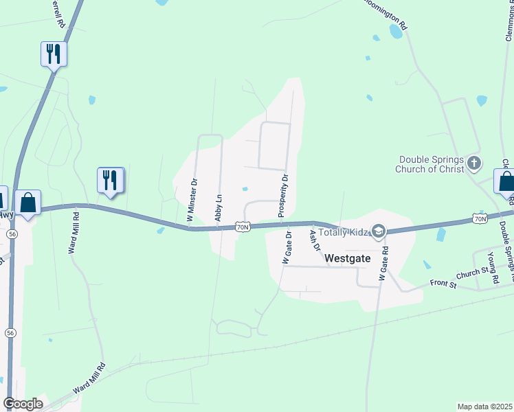 map of restaurants, bars, coffee shops, grocery stores, and more near 5561 Nashville Highway in Baxter