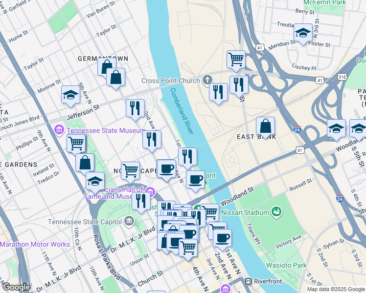 map of restaurants, bars, coffee shops, grocery stores, and more near 700 1st Avenue North in Nashville