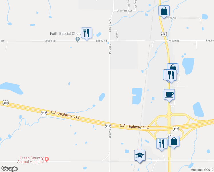 map of restaurants, bars, coffee shops, grocery stores, and more near 9356 South 430 Road in Chouteau