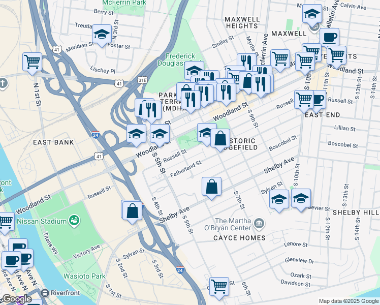 map of restaurants, bars, coffee shops, grocery stores, and more near 604 Russell Street in Nashville