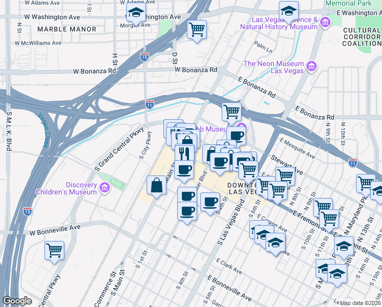 map of restaurants, bars, coffee shops, grocery stores, and more near 20 Fremont Street Experience in Las Vegas