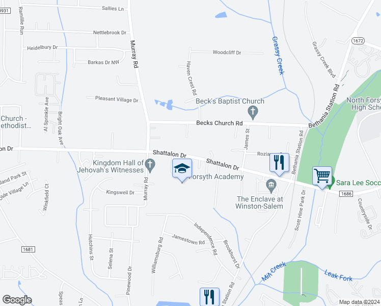 map of restaurants, bars, coffee shops, grocery stores, and more near 5441 Shattalon Drive in Winston-Salem