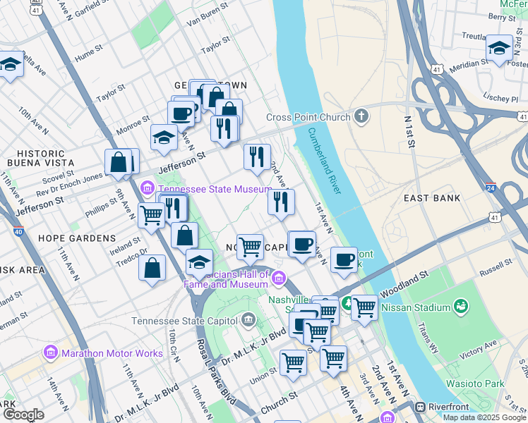 map of restaurants, bars, coffee shops, grocery stores, and more near 817 3rd Avenue North in Nashville