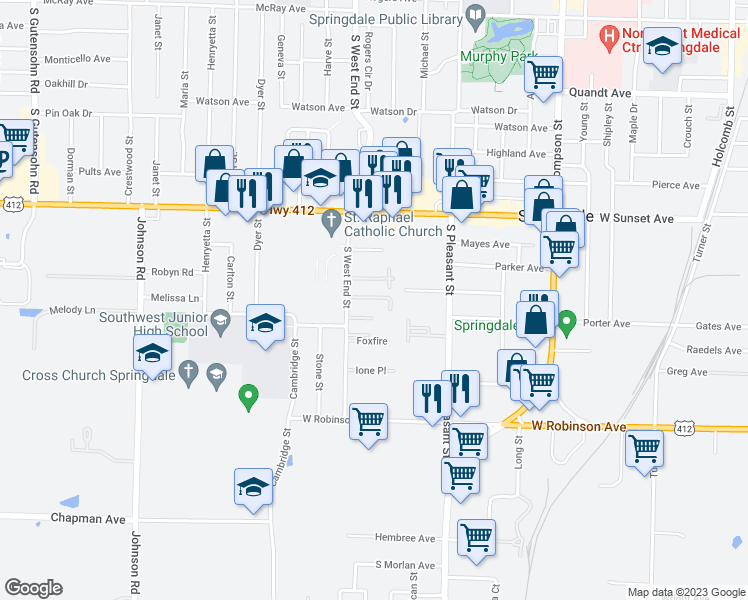 map of restaurants, bars, coffee shops, grocery stores, and more near 1501 South West End Street in Springdale