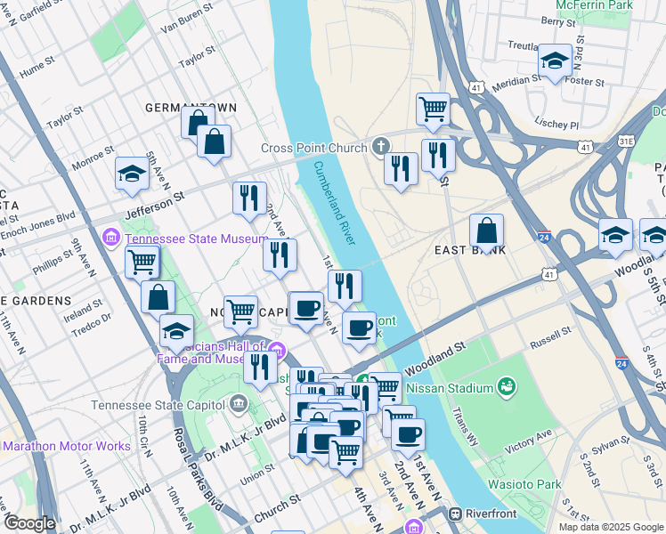 map of restaurants, bars, coffee shops, grocery stores, and more near 700 1st Avenue North in Nashville