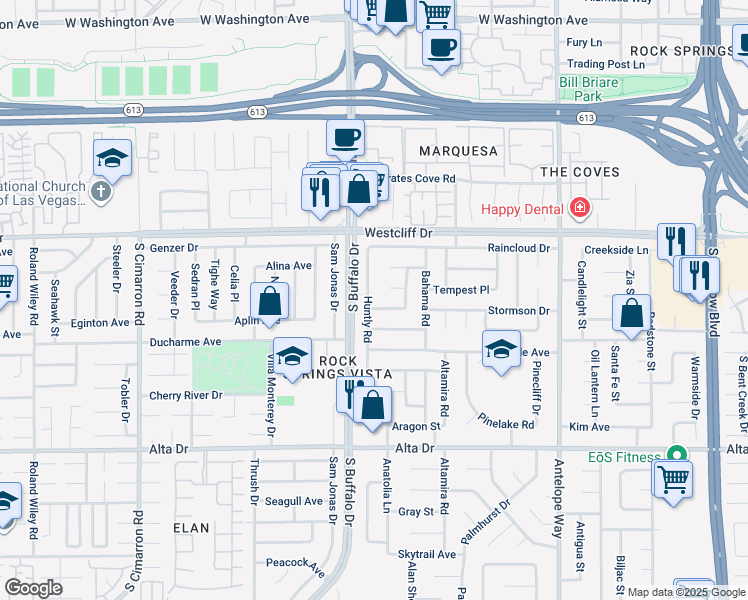 map of restaurants, bars, coffee shops, grocery stores, and more near 201 Huntly Road in Las Vegas