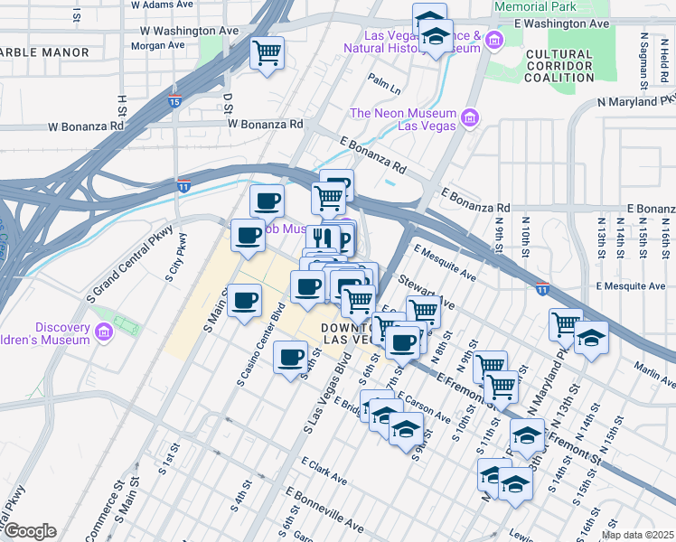 map of restaurants, bars, coffee shops, grocery stores, and more near 206 North 3rd Street in Las Vegas