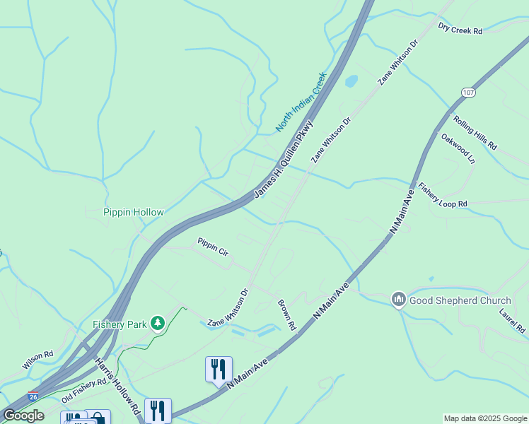 map of restaurants, bars, coffee shops, grocery stores, and more near 122 Crossing Lane in Erwin