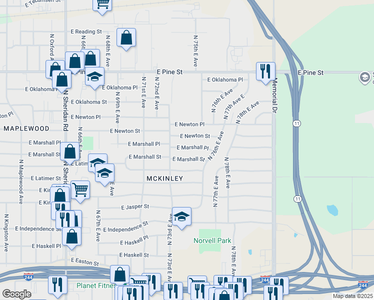 map of restaurants, bars, coffee shops, grocery stores, and more near 7334 East Marshall Place in Tulsa