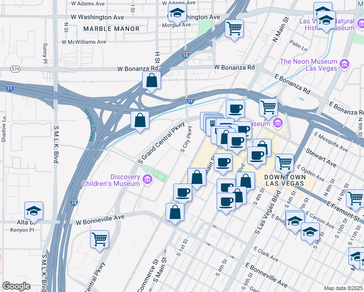 map of restaurants, bars, coffee shops, grocery stores, and more near 251 South City Parkway in Las Vegas