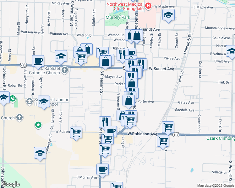 map of restaurants, bars, coffee shops, grocery stores, and more near 1002 Porter Avenue in Springdale