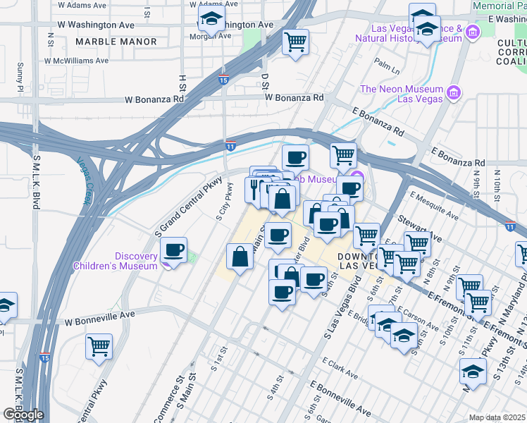 map of restaurants, bars, coffee shops, grocery stores, and more near 200 South Main Street in Las Vegas