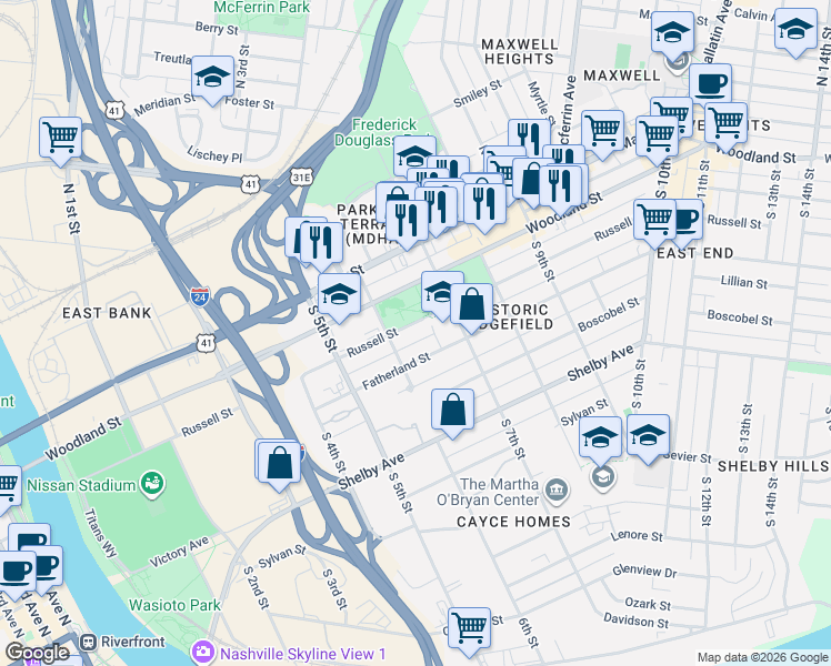 map of restaurants, bars, coffee shops, grocery stores, and more near 603 Fatherland Street in Nashville