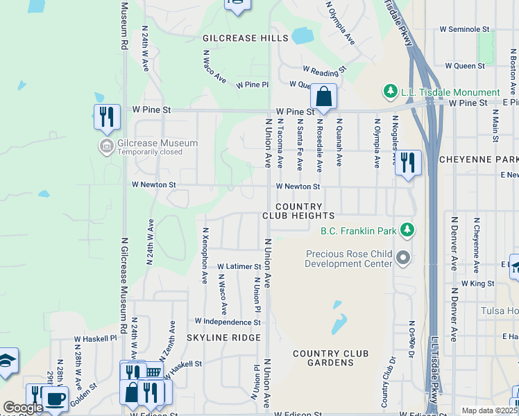 map of restaurants, bars, coffee shops, grocery stores, and more near 1715 West Marshall Street in Tulsa