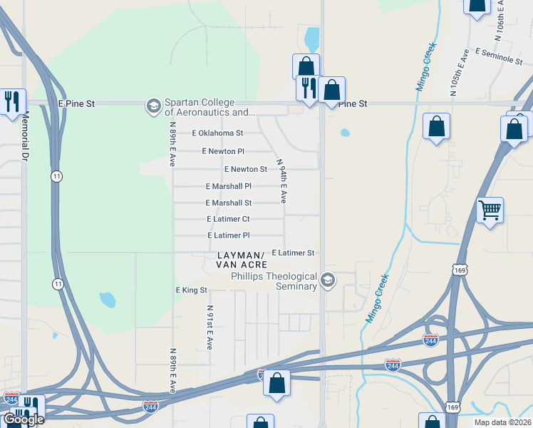 map of restaurants, bars, coffee shops, grocery stores, and more near 9169 East Latimer Place in Tulsa