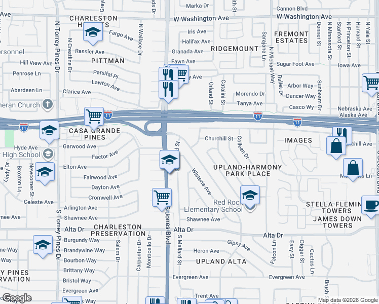 map of restaurants, bars, coffee shops, grocery stores, and more near 221 Upland Boulevard in Las Vegas