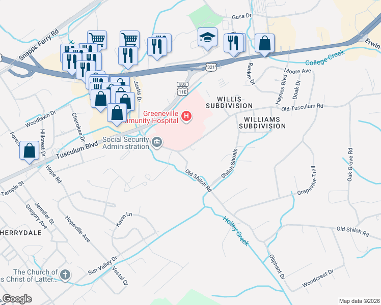 map of restaurants, bars, coffee shops, grocery stores, and more near 73 Old Shiloh Road in Greeneville