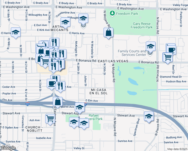 map of restaurants, bars, coffee shops, grocery stores, and more near 516 North Wardelle Street in Las Vegas