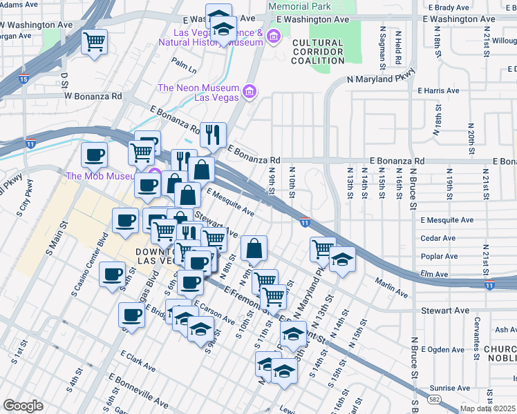 map of restaurants, bars, coffee shops, grocery stores, and more near 321 North 8th Street in Las Vegas