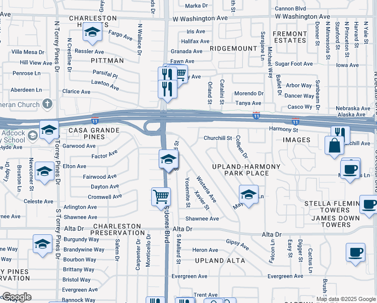 map of restaurants, bars, coffee shops, grocery stores, and more near 229 Wisteria Avenue in Las Vegas