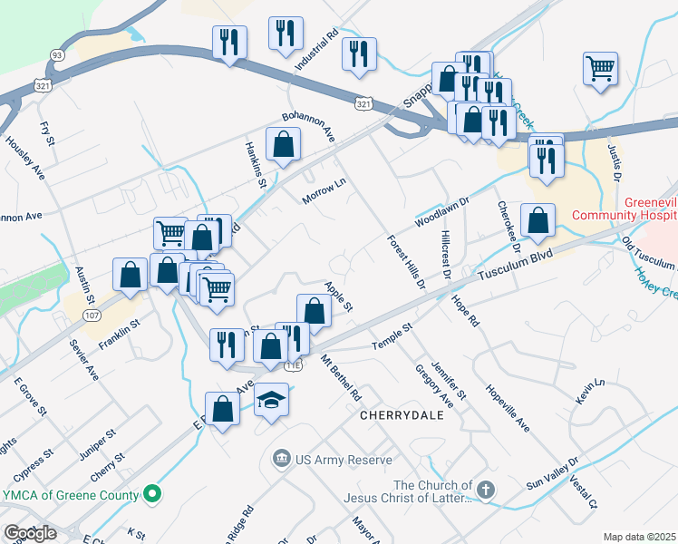 map of restaurants, bars, coffee shops, grocery stores, and more near 1302 Timbers Trail in Greeneville