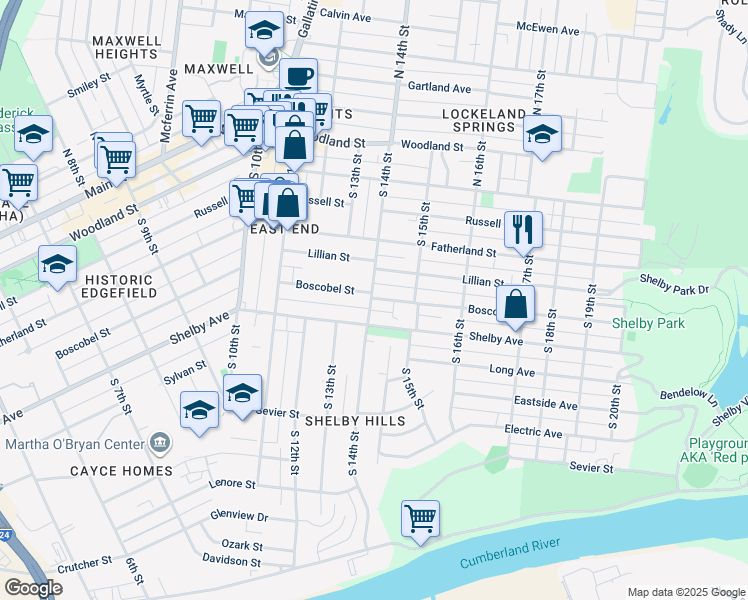 map of restaurants, bars, coffee shops, grocery stores, and more near 411 South 14th Street in Nashville