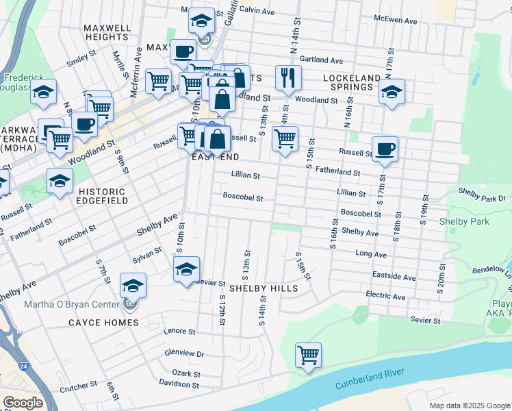 map of restaurants, bars, coffee shops, grocery stores, and more near 1317 Shelby Avenue in Nashville