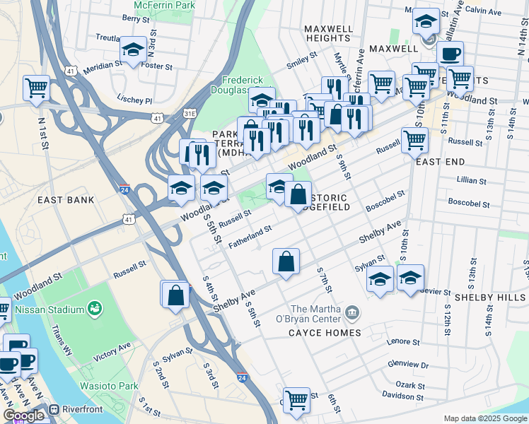 map of restaurants, bars, coffee shops, grocery stores, and more near 603 Fatherland Street in Nashville