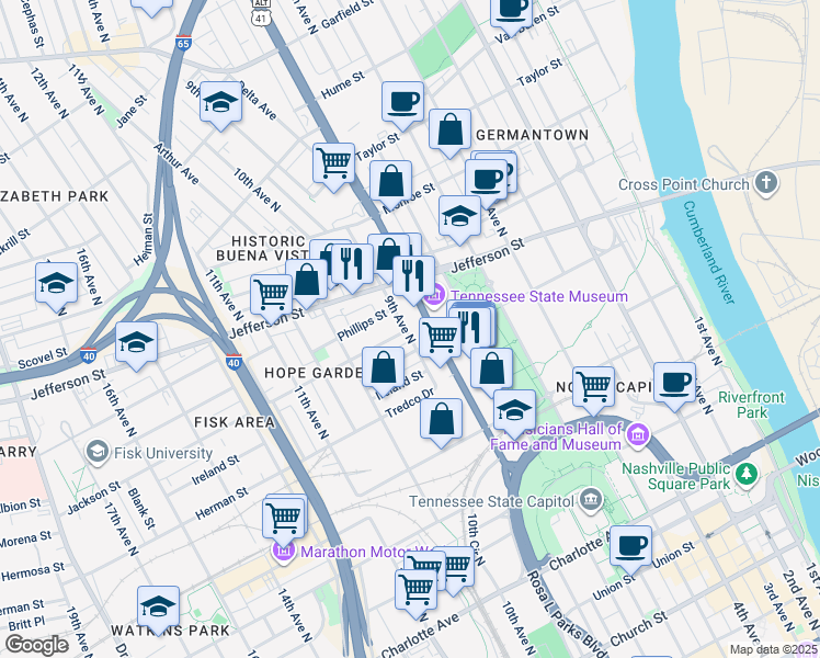 map of restaurants, bars, coffee shops, grocery stores, and more near 902 Locklayer Street in Nashville