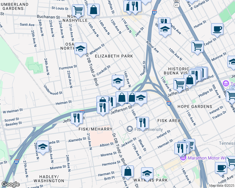 map of restaurants, bars, coffee shops, grocery stores, and more near 1700 Scovel Street in Nashville