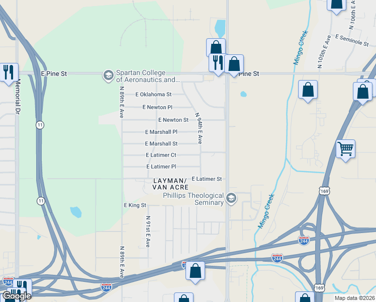 map of restaurants, bars, coffee shops, grocery stores, and more near 9169 East Latimer Place in Tulsa