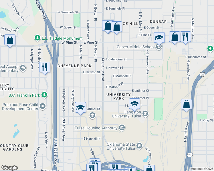 map of restaurants, bars, coffee shops, grocery stores, and more near 1152 North Detroit Avenue in Tulsa