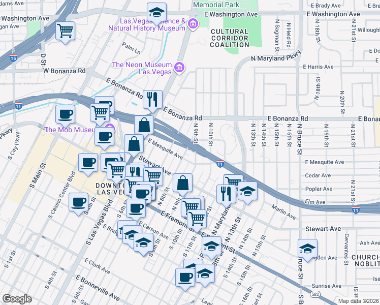 map of restaurants, bars, coffee shops, grocery stores, and more near 819 East Mesquite Avenue in Las Vegas
