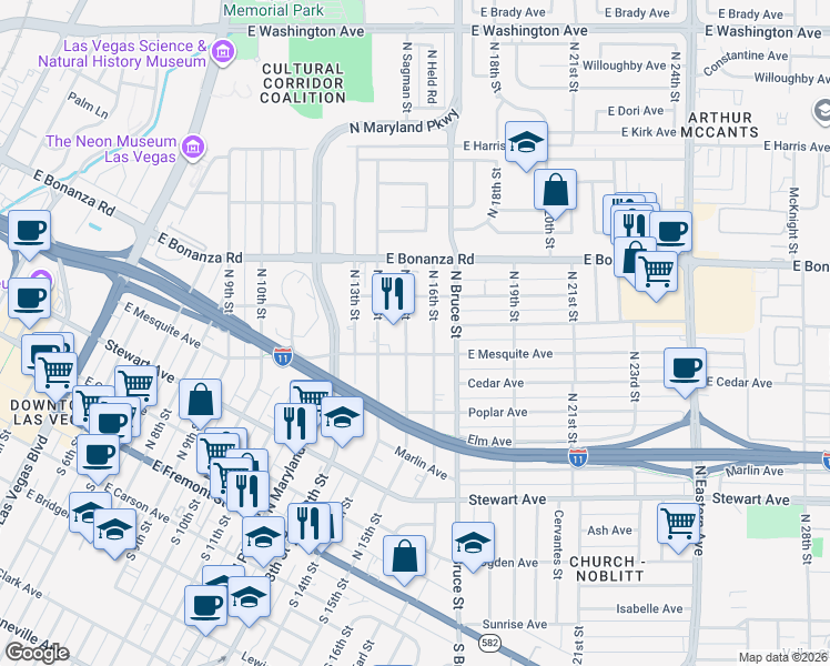 map of restaurants, bars, coffee shops, grocery stores, and more near 416 North 15th Street in Las Vegas