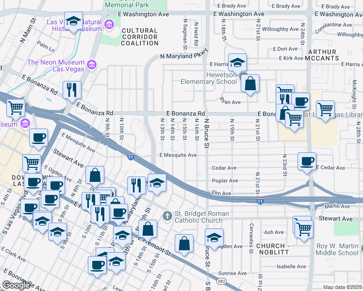 map of restaurants, bars, coffee shops, grocery stores, and more near 412 North 14th Street in Las Vegas