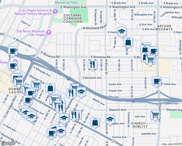map of restaurants, bars, coffee shops, grocery stores, and more near 394 North 14th Street in Las Vegas