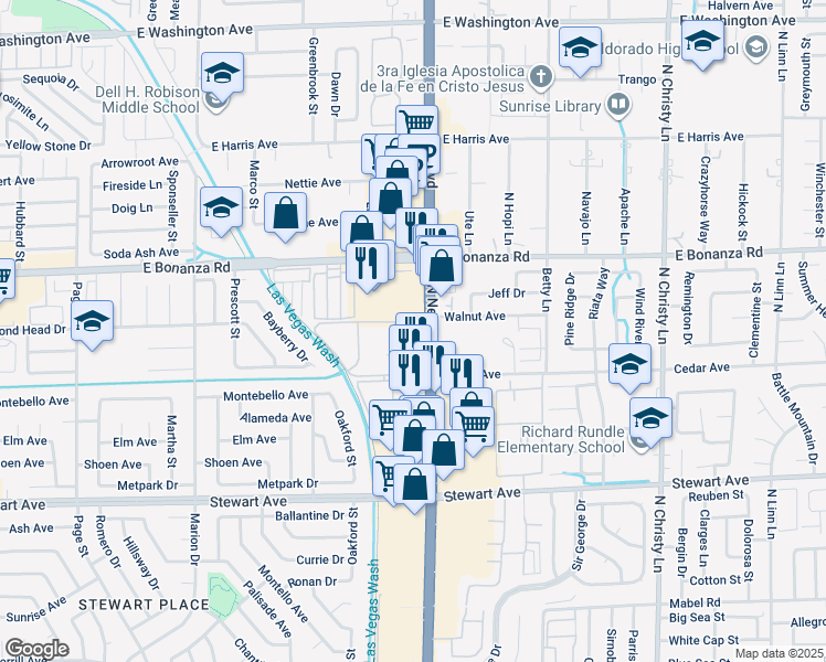 map of restaurants, bars, coffee shops, grocery stores, and more near 451 North Nellis Boulevard in Las Vegas
