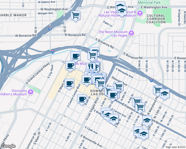 map of restaurants, bars, coffee shops, grocery stores, and more near 203 North 3rd Street in Las Vegas