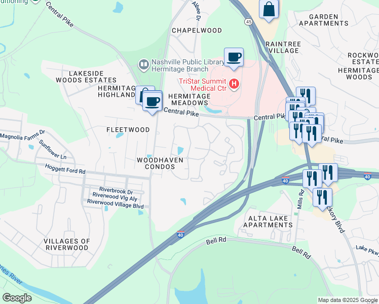 map of restaurants, bars, coffee shops, grocery stores, and more near 1100 Crystal Spring Lane in Nashville