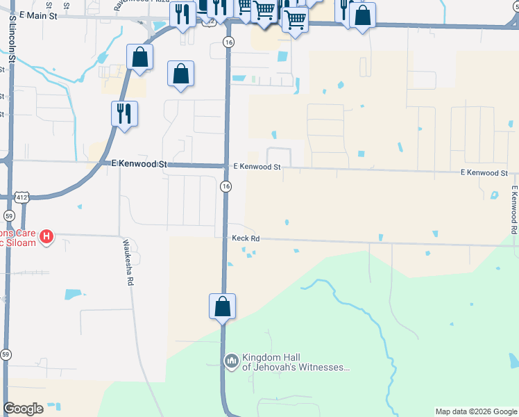 map of restaurants, bars, coffee shops, grocery stores, and more near 21436 Keck Road in Siloam Springs